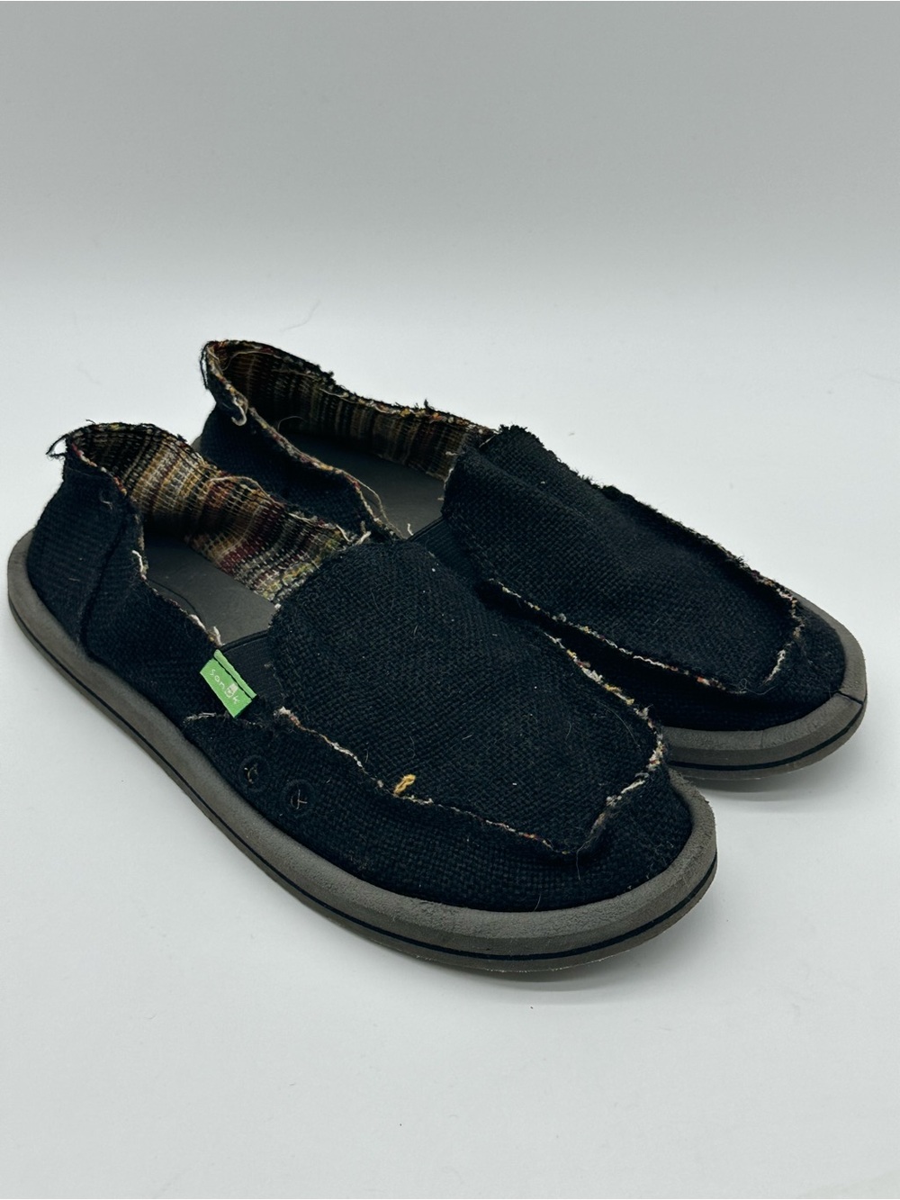 Sanuk Black Canvas Slip-On Shoe with Frayed Edges